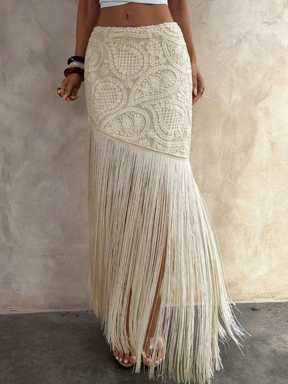 Boho Floral lace Stretchy Waist Tassel Detail Maxi Skirt - Picture 2 of 6